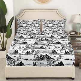 Western Cowboy Kids Fitted Sheet Twin Size,Cowboy Horse Cactus Mountain Country Bedding Set,Boys Men Adults Bedroom Decor,Rustic Farmhouse Bed Cover,Black Retro Bed Sheet,1 Pillowcase