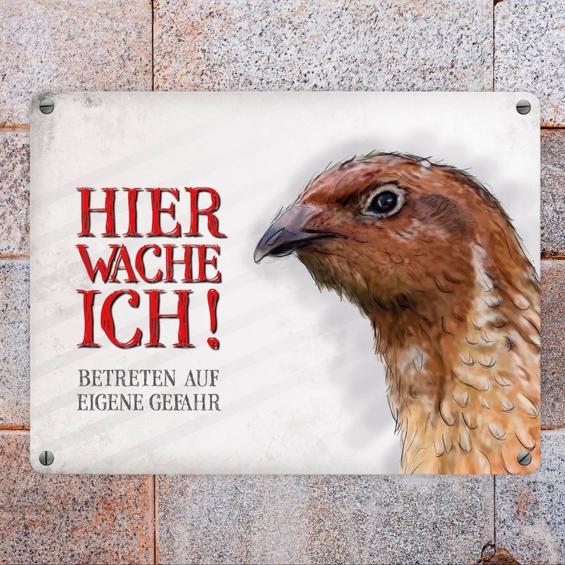 Metal Sign with Quail Motif and Saying "Betreten auf eigene