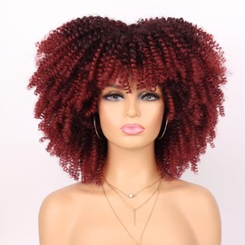 Marshey Afro Kinky Curly Wigs for Black Women Natural Looking Short Bob Wig with Bangs None Lace Front Wig Long Kinky Curly Synthetic Hair for Daily Party (Burgundy, 14 Inch)