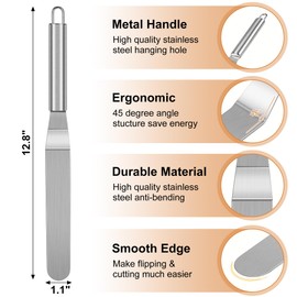 Crepe Spreader and Spatula Kit, Metal Handle Curved Offset Spacula 12", Stainless Steel 7" & 5" T-Shaped Batter Spreaders, Pancake Tool, Crepes Turner Sticks Fit Any Crepe Pan Maker, Pack of 3