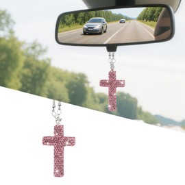 Wuyaoyao Bling Hanging Ornaments for Car Rear View Mirror, Crystal Rhinestone Cross Car Charm, Automotive Rearview Mirror Hanging Pendant, Vehicle Religious Gift Decoration for Christian (Pink)