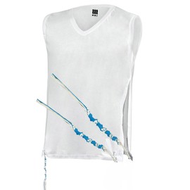 Adult Tzitzit T Shirt with Kosher Blue Tekhelet Tzitzis Tassels by MMJ, Ptil Techelet Radzin, Hand Spun Sephardi? Tzitzis