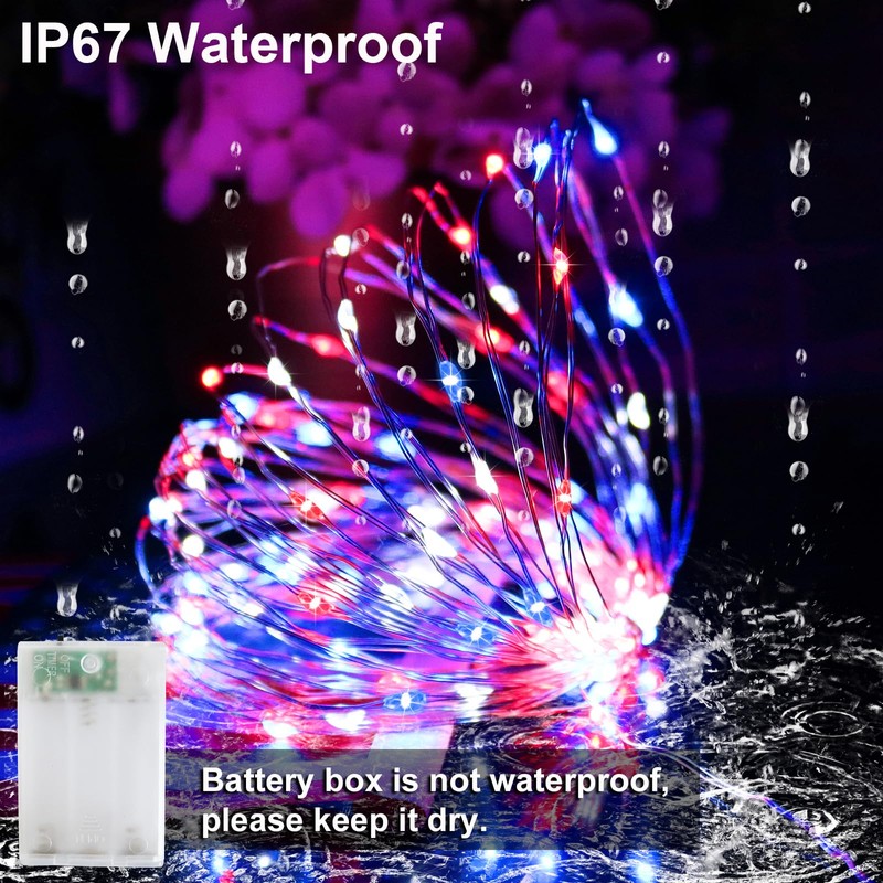 YAOZHOU Patriotic Red White and Blue Fairy String Lights Battery