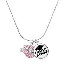 Delight Jewelry Silvertone Believe Banner on Pink Crystal Heart Script Class of 2025 Dome Charm Necklace, 18"