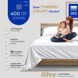 THREAD SPREAD 2-Pack Twin Cotton Sheets Sets - 400 Thread Count 100% Cotton Sateen Weave - Extra Soft, Breathable, Hotel Quality Cooling Sheets, 2 Sets of Twin Size Deep Pocket Bed Sheets (White)