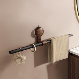 Hualinsiy 16" Suction Cup Towel Bar for Bathroom - Walnut Wood Shower Towel Rack, No Drill Installation, Strong Hold Adhesive-Free Holder (Solid Walnut & Black Steel)