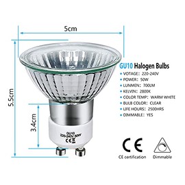 Sarveeta Sarveeta GU10 Halogen Bulbs 50W Dimmable, 220V GU10 Halogen Spotlight Bulbs 2 Pin2800K Warm Withe,700 Lumens42 Beam Angle Pack of 8