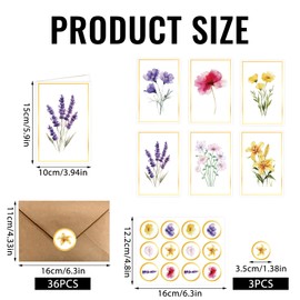 VEGCOO 36 Pieces Blank Cards, Elegant Blank Floral Greetings Cards with Envelopes and Stickers for Greeting Birthday Festival Inviting