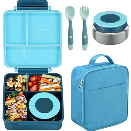 RETZLA Bento Lunch Box Set for Kids with 8oz Soup Thermo, Leak-Proof Lunch Containers with 4 Compartment, Kids Thermo Hot Food Jar and Insulated Lunch Bag for School-Blue