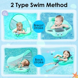 Mambobaby Baby Pool Float with Canopy, Non-Inflatable Infant Swimming Float, Soft Waterproof Skin-Friendly Material, Solid Avoid Flip Floatie with Tail, UPF 50+ Bathtub Swim Ring for 3-24 Months Kids