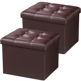 AmasSmile® Storage Ottoman Foot Rest Stool, 17 inch Folding Leather Footstool Bench, Short Ottoman Stool, Brown Storage Foot Rest Store, Books