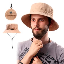 GWAWG 1PCS Bucket Hat for Women Mens Packable Sun Hat Women Waterproof Nylon Foldable Travel Beach Hat Wide Brim UV Protection Summer Hat (Khaki)