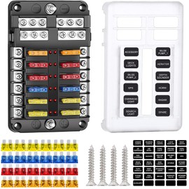 SETAWEEH 12-Way Car Fuse Holder, 12 Volt Blade Fuse Holder, DC 12 V Car Fuse Box, Waterproof Fuse Box with LED Display, Protective Cover, 24 Blade Fuses for Car, Truck, etc.