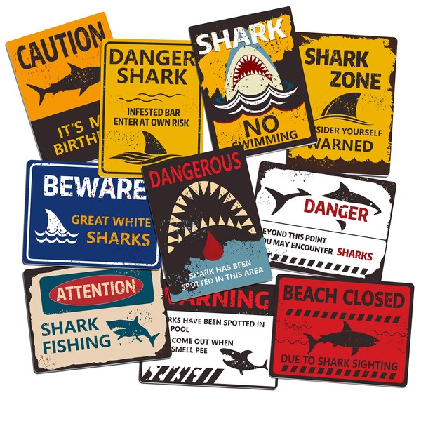 Hebayy 10 Designs Shark Zone Party Wall Decorations Signs for Ocean Theme Birthday Party Supplies in Horizontal and Vertical Design (Each Measures 6” X 7.9”)
