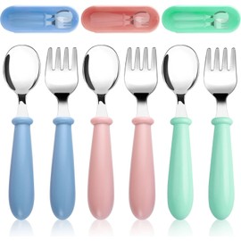 6 Unidades de Tenedor y Cuchara, Utensilios para Niños Pequeños, Cubiertos de Acero Inoxidable para Niños, Acero Inoxidable y Silicona de Grado Alimenticio, Asas Gruesas de Fácil Agarre (SET3)