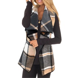 YACUN Women Plaid Vest Lapel Open Front Sleeveless Jacket Outerwear Cardigan with Pockets Greykhaki S