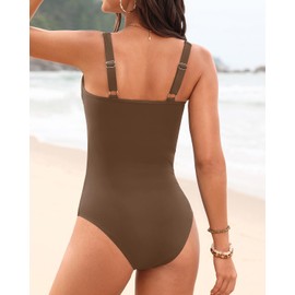 Womens One Piece Swimsuit Tummy Control - Slimming Bathing Suit V Wired Full Coverage 2025 Swimwear Brown L