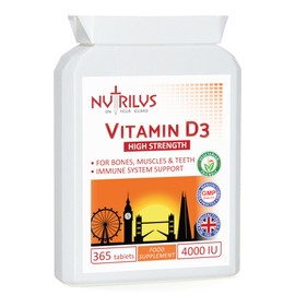 Vitamin D3 High Strength 4000 IU 365 Tablets - One Daily Supplement - 1 Year Supply - Immune Support - Bones, Muscles, Teeth Health