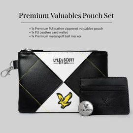Lyle and Scott Argyle Premium Valuables Pouch – Pitch Perfect Golf Gifts for Men – Luxurious Zippable Leather with Velour Lining, Card Wallet, Money Clip, 32mm Ball Marker – Golf Accessories
