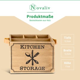 Novaliv Kitchen Utensil Holder with 4 Compartments and Leather Handles/High-Quality Wooden Cutlery Basket 17 x 12.5 x 12.5 cm / Cutlery Tray for Kitchen Utensils or as Decoration