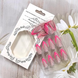 Red French Tip V Shaped False Nails Rhinestones Glue on Nails Artificial Press on Nails Medium Glitter Powder Silver Lines Design Full Cover Coffin Nails Acrylic Stick on Nails for Women 24Pcs