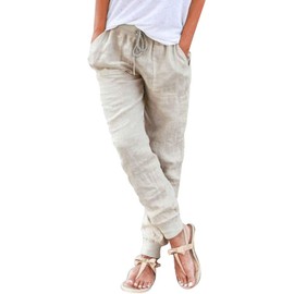 Puimentiua Womens Tapered Pants Cotton Linen Drawstring Back Elastic Waist Pants Casual Trousers with Pockets Khaki