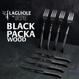 Laguiole 8-Piece Steak Knife and Fork Set – Black Pakka Wood Handle, Premium Stainless Steel Flatware – Elegant Cutlery Set for Dining, Gift-Ready Box Included