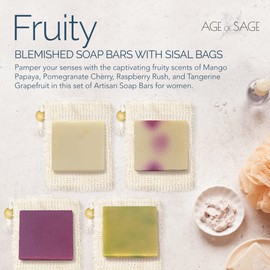 Age of Sage Natural Soap Bar w/Sisal Bag, 4pk Mixed Vegan Artisan Soap Set w/Essential Oil for Women - Fruity Scent: Mango Papaya, Pomegranate Cherry, Raspberry Rush, & Tangerine Grapefruit