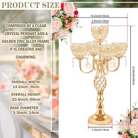 Crystal Candelabra Centerpiece, 5-Light Gold Metal Stand with Hanging Crystals, Decorative Wedding Table Holder (2, Gold)