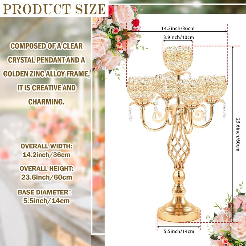 Crystal Candelabra Centerpiece, 5-Light Gold Metal Stand with Hanging Crystals,