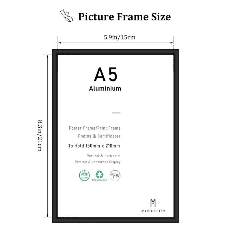 A5 Black Frame Aluminum Metal Poster Frame with Plexiglass Front