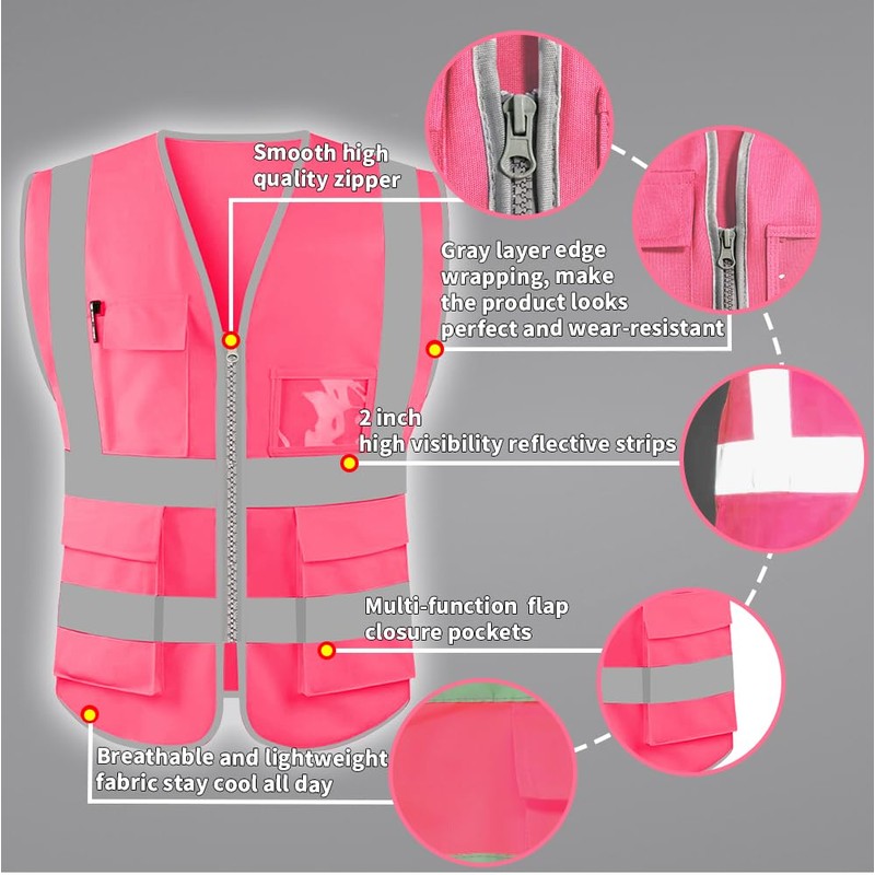 HYCOPROT High Visibility Safety Reflective Vest with Pockets and Zipper,