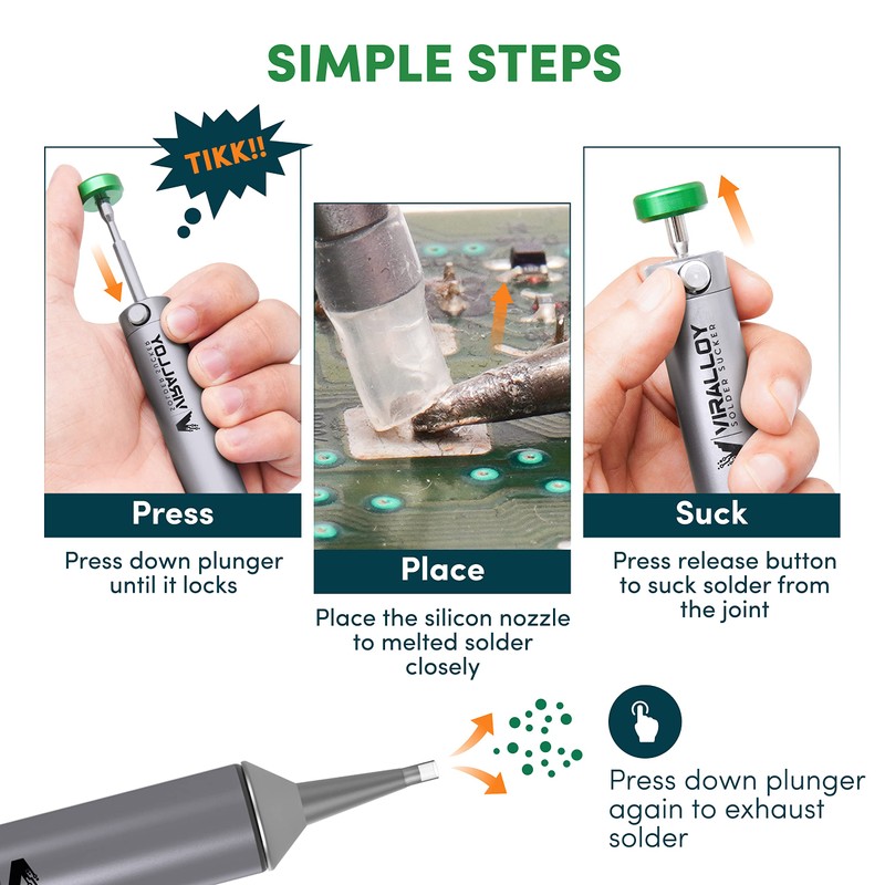 Solder Sucker Tool No Clog Silicone-Tip Manual Desoldering Pump Soldering
