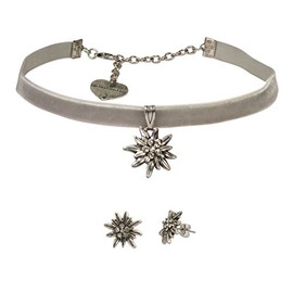 Alpenflüstern Dirndl Costume Jewellery Set - Velvet Crochet Band And Stud Earrings, Rhinestone, Edelweiss, Ladies Dirndl Costume Jewellery, Costume Set, Costume Necklace And Traditional Dirndl Earrings In Traditional Colours, SET016, Base Metal, grey