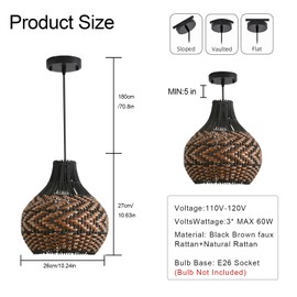 Teru Ji Kaikang 3-Pack Rattan Pendant Light 10.24" Hand-Woven Black Brown Fax Rattan Basket Chandelier Mini Boho Wicker Hanging Lamp for Dining Living Bedroom Kitchen Farmhouse