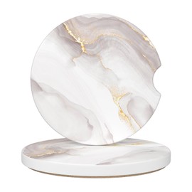 Car Cup Holder Coaster, Car Coasters for Cup Holders, 2 Pack Universal Anti Slip Insert Absorbent Ceramic Car Coaster with A Finger Notch & Cork Base, Car Interior Accessories(White Gold Marble)