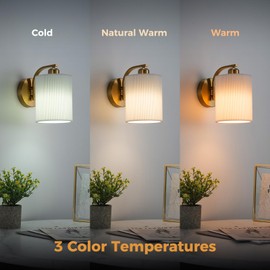 Glitnous Battery Operated Wall Sconce, Pleated Lampshade Rechargeable Sconces with 13000mAh Bulb, Cordless Wall Sconces Set of 2, Battery Powered Wall Lamp/Lights for Bedroom, Gold