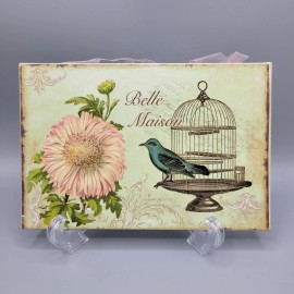 world market center Belle Maison Wall Hanging With Bird, Cage & Flower,  Pink Ribbon 8"x5.5"