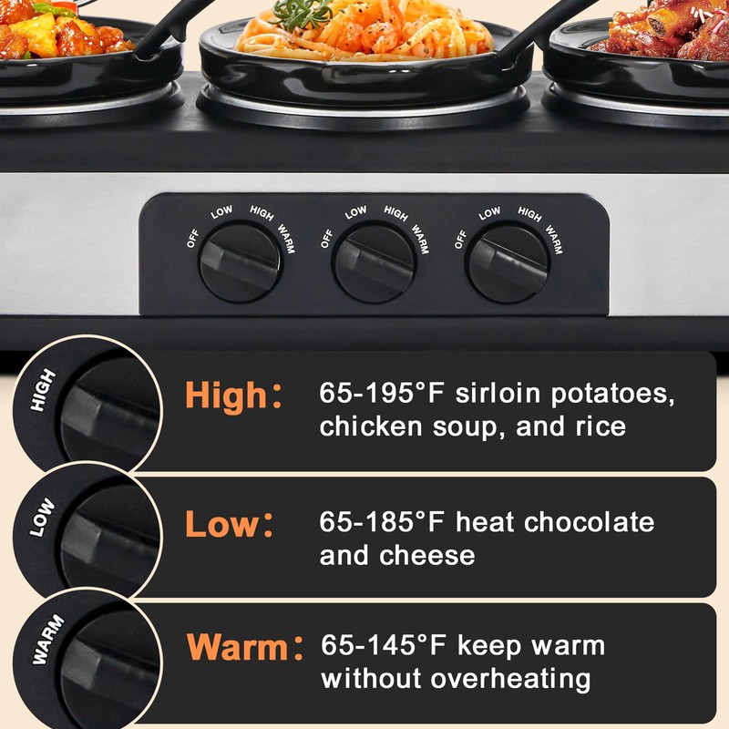 Triple Slow Cooker Buffet Server Food Warmer with 3 Adjustable