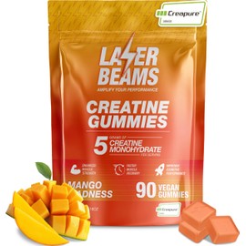 Laser Beams Creatine Monohydrate Gummies for Women & Men - 5g Creapure Creatine per Serving - Vegan, Mango Flavor - Boost Muscle Strength, Endurance, Recovery & Mental Focus (90 Gummies)