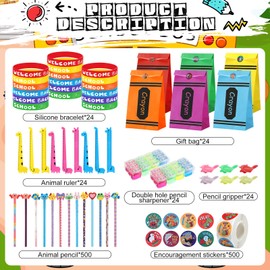 145 Pcs Back to School Supplies Kit Including 24 Back to School Goodie Bags 24 Silicone Bracelet 24 Pencils 24 Sharpeners 24 Handwriting Grips 24 Rulers 1 Pack Sticker Back to Schol Gifts for Students