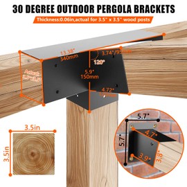 ITeVe.GD 30° Slanted Roof Pergola Brackets Kit,4-Way Right Angled Corner Bracket with Wall Mount Post Base for 4x4 (Actual:3.5"x3.5") Lumber for Pergolas,Gazebos,Porchs(2Pack)