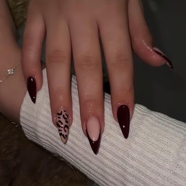 Press on Nails Medium Almond Fake Nails Brown French Tip with Cheetah Design Acrylic Nails for Women 24 Pcs (Brown-2, M-2)