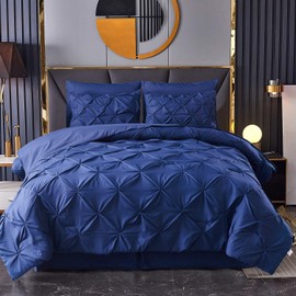 HAOK Bed in a Bag Set - 6 Pieces Pinch Pleat Bedding Comforter Sets, Pintuck Microfiber 500GSM Down Alternative Twin Comforter Set (Navy, Twin)
