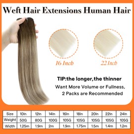 Full Shine Weft Hair Extensions Human Hair Color 3/8/22 Brown Fading to Ash Brown and Light Blonde Balayage Ombre Double Weft Sew in Extensions 20 Inch 105 Grams