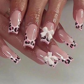 MISUD Press on Nails Short Square Fake Nails Glossy Glue on Nails Pink Leopard French Tip Acrylic Nails Squoval Artificial Nails Cute Bow Stick on False Nails with Design 24 pcs