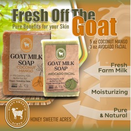 Honey Sweetie Acres Fresh Off The Goat Face & Body Soap 3 Ounce Avocado Facial Plus 5 Ounce Hydrating Goat Milk Soap For Your Whole Body - Made in the USA (Coconut Mango)
