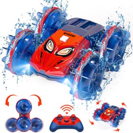 4WD Waterproof RC Car, 2.4 GHz Amphibious Remote Control Monster Truck Remote Control Boat for Kids, 360°Rotation Stunt Cars with LED Lights, All Terrain Water Beach Pool Toy for Boys Girls Gifts