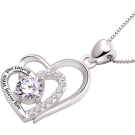 ALOV Jewelry Sterling Silver "Brother and sister forever love" Double Love Heart Cubic Zirconia Pendant Necklace