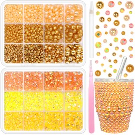 2 Boxes Yellow Flatback Pearls and Resin Rhinestones for Crafting, 3-6 mm Jelly Rhinestones, Mixed Size Half Pearl Bedazzling Gems for Nail DIY Crafts Mugs Bottles Tumblers Clothes Makeup